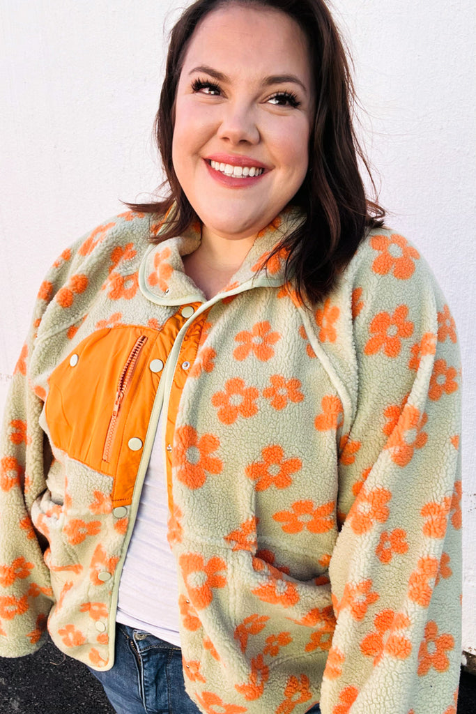 Spice Of Life Sage Flower Print Sherpa Button Down Jacket-Timber Brooke Boutique, Online Women's Fashion Boutique in Amarillo, Texas
