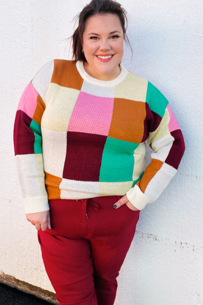 Adorable Ivory & Camel Checker Jacquard Knit Sweater-Timber Brooke Boutique, Online Women's Fashion Boutique in Amarillo, Texas