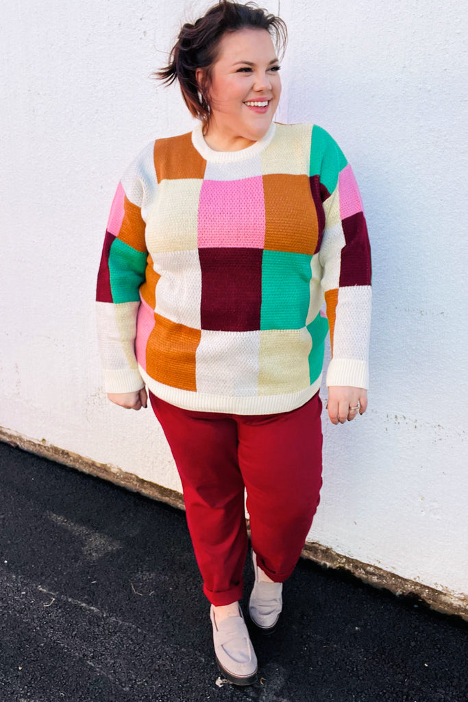 Adorable Ivory & Camel Checker Jacquard Knit Sweater-Timber Brooke Boutique, Online Women's Fashion Boutique in Amarillo, Texas