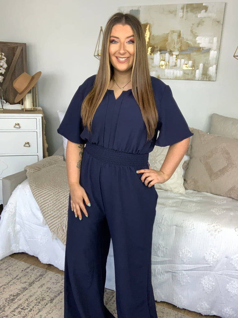Dark Blue Smocked Waist Notch Neck Crepe Jumpsuit-Jumpsuits and Rompers-Timber Brooke Boutique, Online Women's Fashion Boutique in Amarillo, Texas