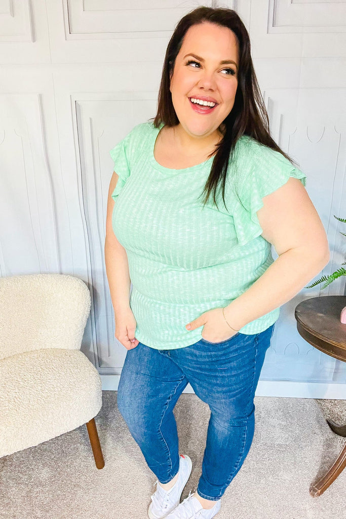 Hello Beautiful Mint Two-Tone Wide Rib Ruffle Sleeve Top-Timber Brooke Boutique, Online Women's Fashion Boutique in Amarillo, Texas