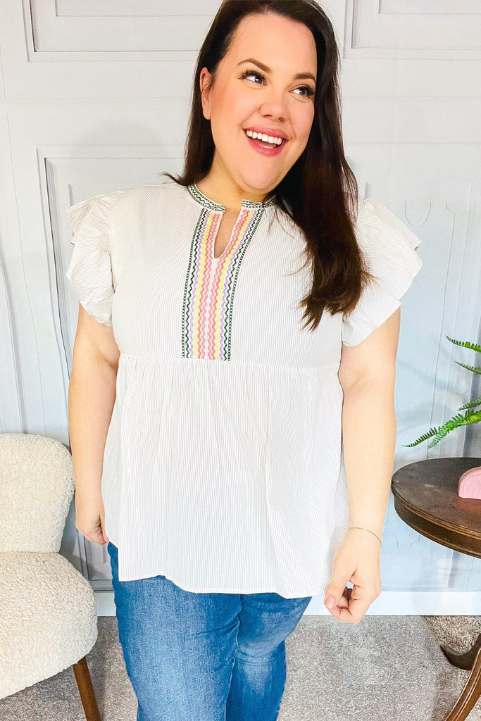 Weekend Ready Taupe Embroidered Notched Neck Babydoll Top-Timber Brooke Boutique, Online Women's Fashion Boutique in Amarillo, Texas