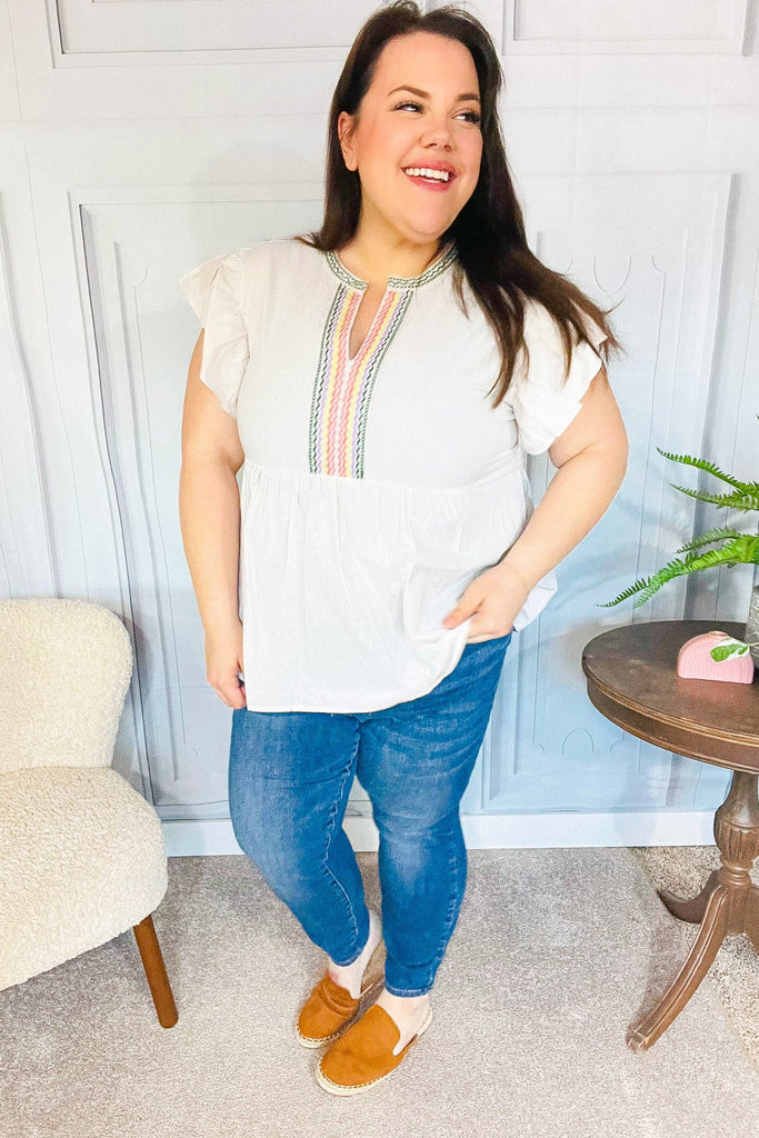 Weekend Ready Taupe Embroidered Notched Neck Babydoll Top-Timber Brooke Boutique, Online Women's Fashion Boutique in Amarillo, Texas