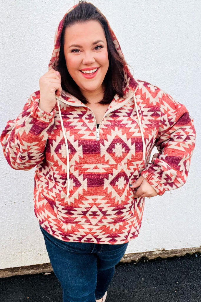Fall For You Rust & Burgundy Aztec Half Zip High Neck Hoodie-Timber Brooke Boutique, Online Women's Fashion Boutique in Amarillo, Texas