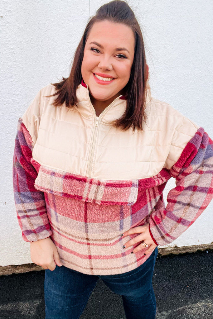 Tried & True Oatmeal & Garnet Plaid Half Zip Puffer Hoodie-Timber Brooke Boutique, Online Women's Fashion Boutique in Amarillo, Texas