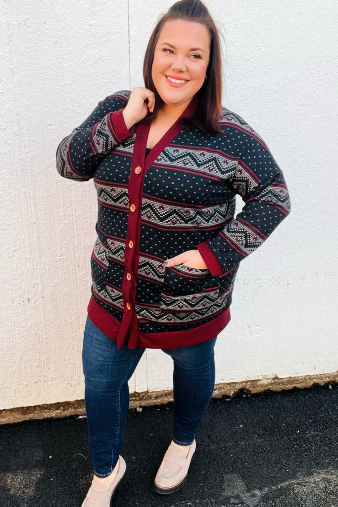 All Class Burgundy Holiday Print Button Cardigan-Timber Brooke Boutique, Online Women's Fashion Boutique in Amarillo, Texas