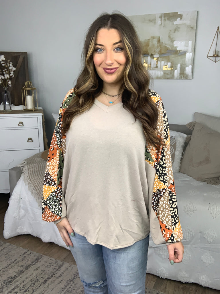 Taupe Animal Patchwork Print Dolman V Neck Top-Long Sleeve Tops-Timber Brooke Boutique, Online Women's Fashion Boutique in Amarillo, Texas