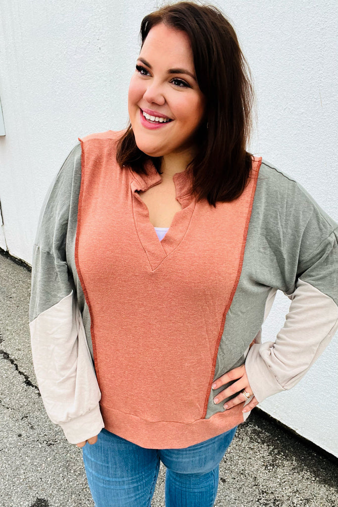 Weekend Bliss Rust & Olive Collared Terry Color Block Top-Long Sleeve Tops-Timber Brooke Boutique, Online Women's Fashion Boutique in Amarillo, Texas