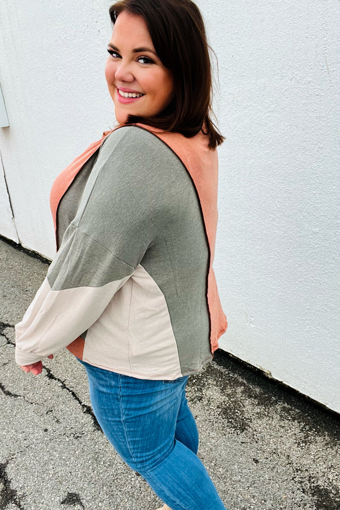 Weekend Bliss Rust & Olive Collared Terry Color Block Top-Long Sleeve Tops-Timber Brooke Boutique, Online Women's Fashion Boutique in Amarillo, Texas
