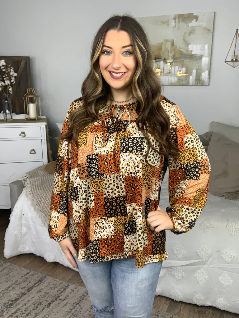 Rust & Taupe Multi Leopard Patchwork Tie String Top-Long Sleeve Tops-Timber Brooke Boutique, Online Women's Fashion Boutique in Amarillo, Texas