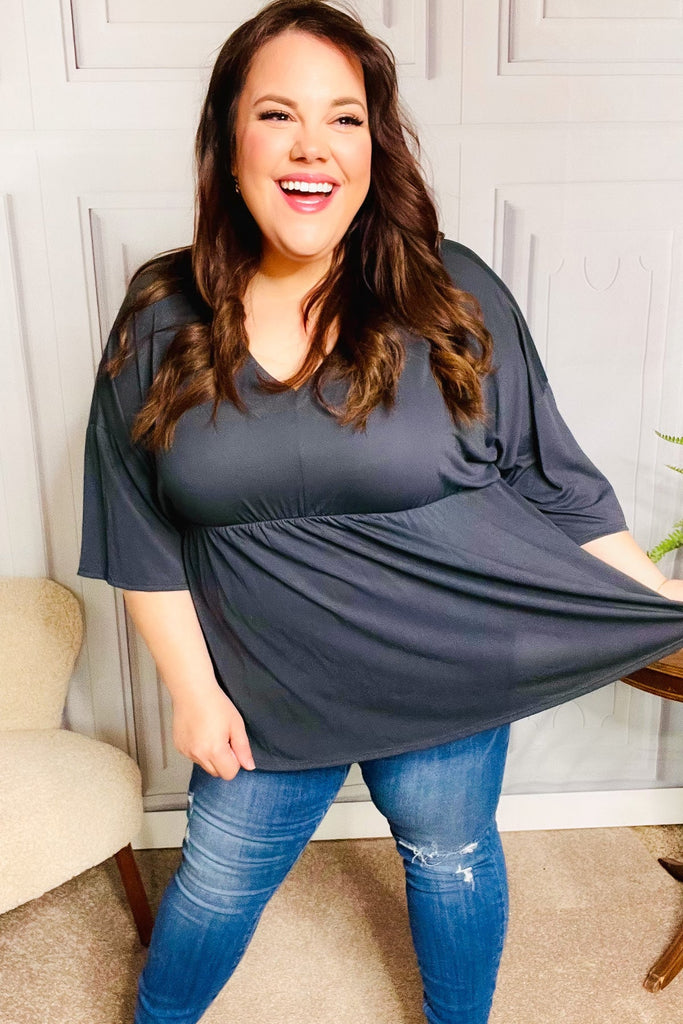 Easy To Love Charcoal Babydoll Dolman Modal V Neck Top-Timber Brooke Boutique, Online Women's Fashion Boutique in Amarillo, Texas