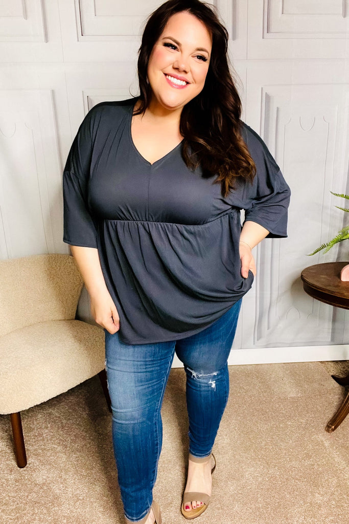 Easy To Love Charcoal Babydoll Dolman Modal V Neck Top-Timber Brooke Boutique, Online Women's Fashion Boutique in Amarillo, Texas