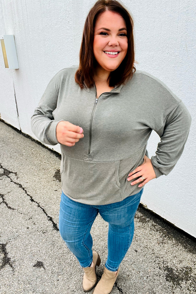 All In A Day Olive Half Zip French Terry Hoodie-Hoodies-Timber Brooke Boutique, Online Women's Fashion Boutique in Amarillo, Texas