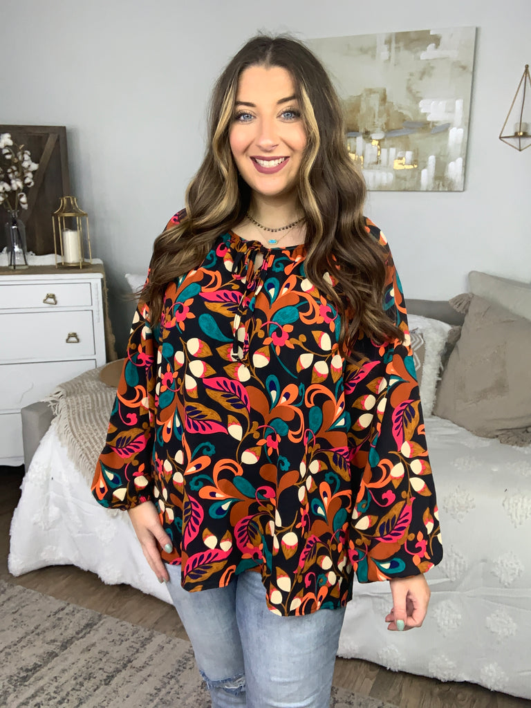 Magenta & Rust Boho Floral Bubble Sleeve Top-Long Sleeve Tops-Timber Brooke Boutique, Online Women's Fashion Boutique in Amarillo, Texas