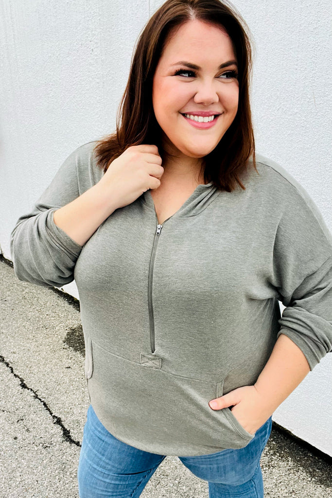 All In A Day Olive Half Zip French Terry Hoodie-Hoodies-Timber Brooke Boutique, Online Women's Fashion Boutique in Amarillo, Texas
