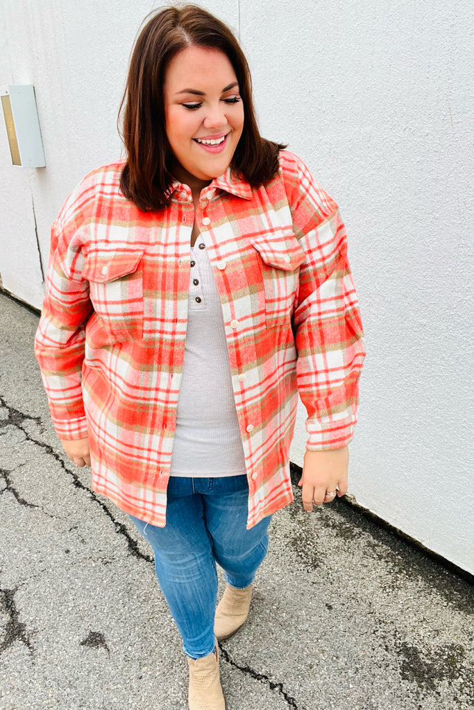 Layer Up Orange Plaid Flannel Button Down Shacket-Coats & Jackets-Timber Brooke Boutique, Online Women's Fashion Boutique in Amarillo, Texas
