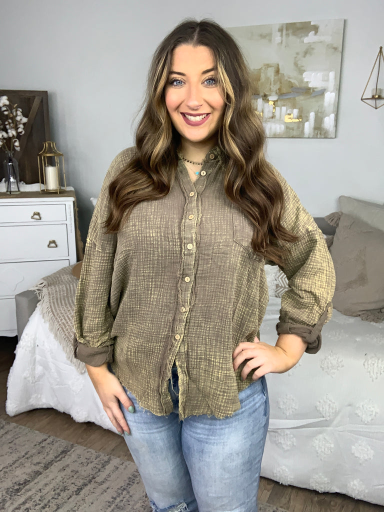 Mocha Washed Cotton Gauze Button Down Shirt-Long Sleeve Tops-Timber Brooke Boutique, Online Women's Fashion Boutique in Amarillo, Texas