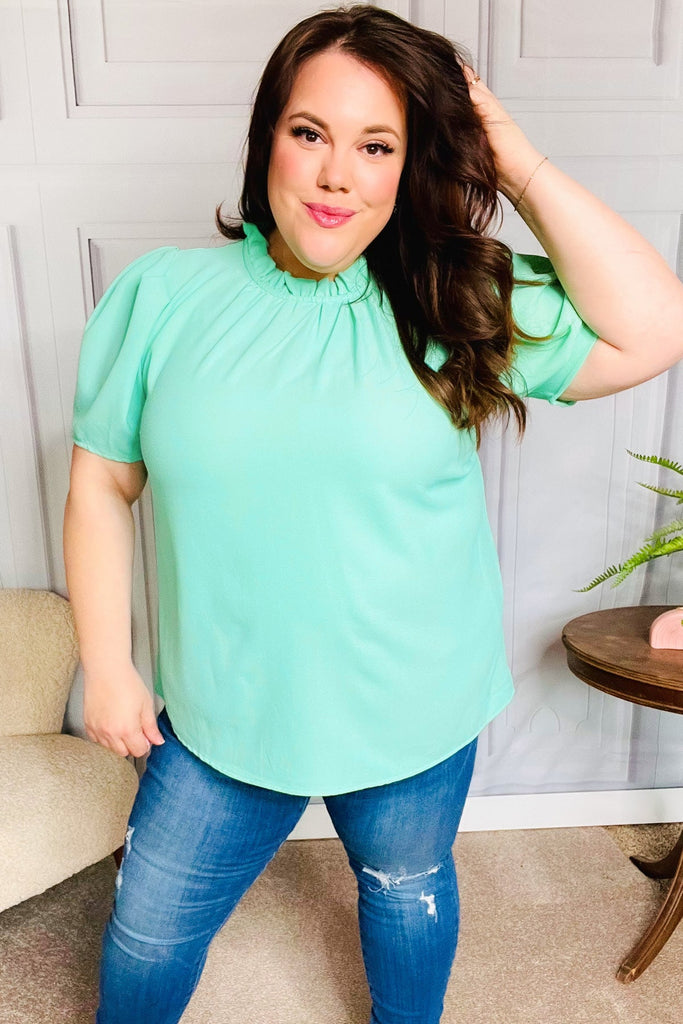 Follow Me Mint Frill Mock Neck Woven Top-Timber Brooke Boutique, Online Women's Fashion Boutique in Amarillo, Texas