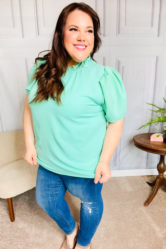 Follow Me Mint Frill Mock Neck Woven Top-Timber Brooke Boutique, Online Women's Fashion Boutique in Amarillo, Texas