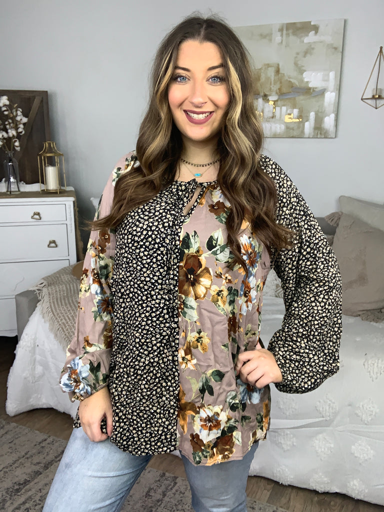 Black & Mocha Floral Color Block Key Hole Top-Long Sleeve Tops-Timber Brooke Boutique, Online Women's Fashion Boutique in Amarillo, Texas