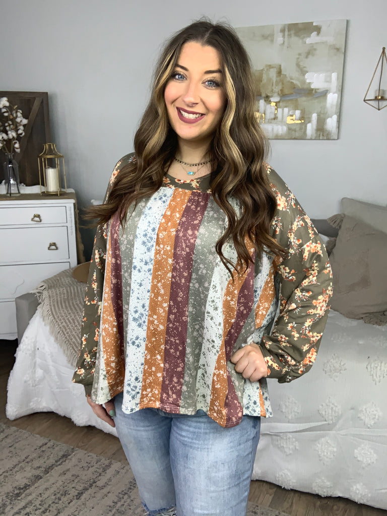 Sage Floral V Neck Yoke Bubble Sleeve Top-Long Sleeve Tops-Timber Brooke Boutique, Online Women's Fashion Boutique in Amarillo, Texas