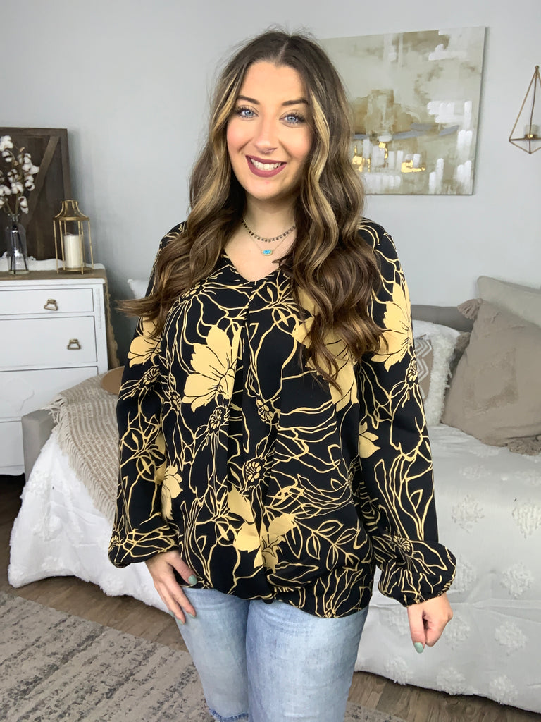 Black & Taupe Floral V Neck Top-Long Sleeve Tops-Timber Brooke Boutique, Online Women's Fashion Boutique in Amarillo, Texas