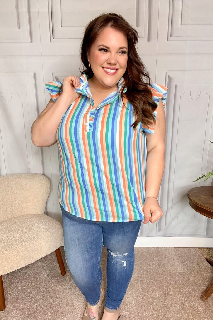 Happy Thoughts Sky Blue Striped Frill Button Down Top-Timber Brooke Boutique, Online Women's Fashion Boutique in Amarillo, Texas