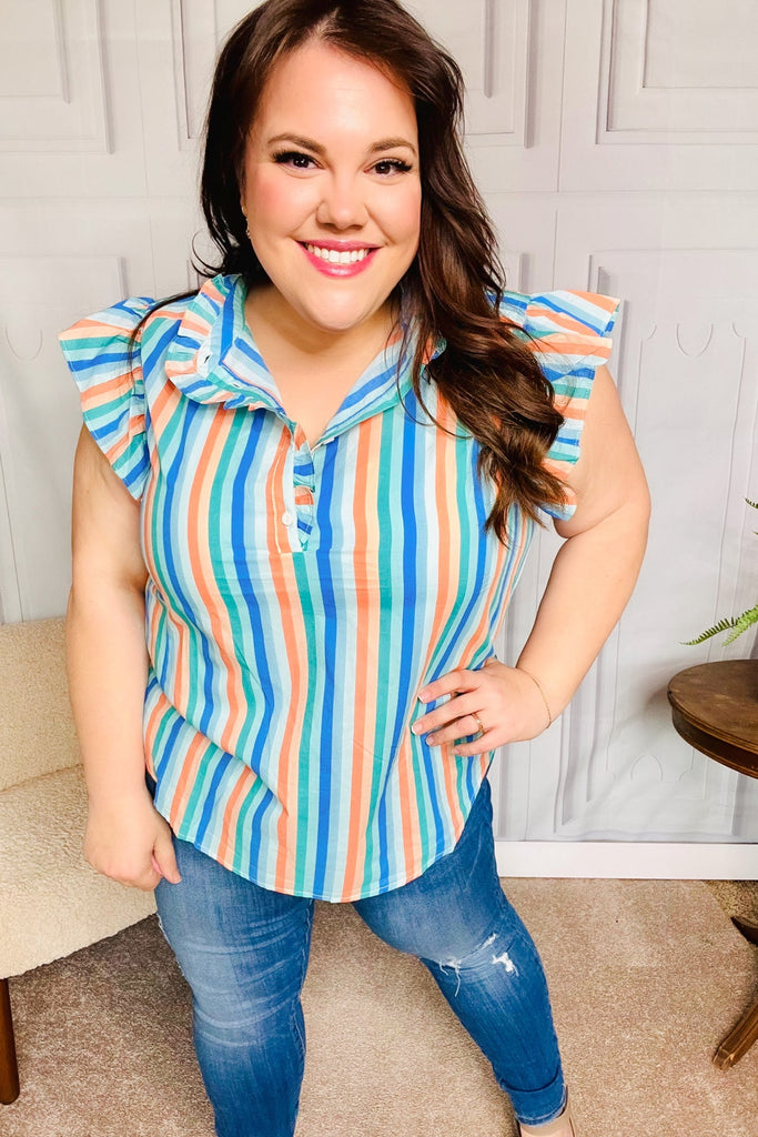 Happy Thoughts Sky Blue Striped Frill Button Down Top-Timber Brooke Boutique, Online Women's Fashion Boutique in Amarillo, Texas