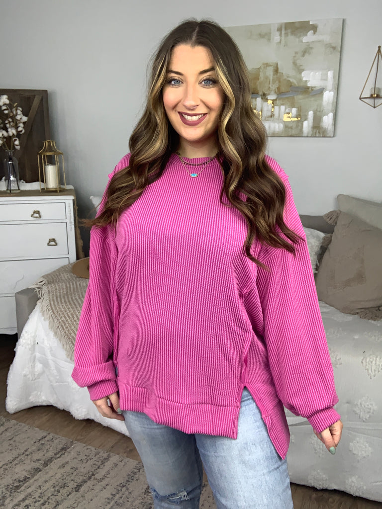 Magenta Mineral Wash Rib Knit Pullover Top-Pullover-Timber Brooke Boutique, Online Women's Fashion Boutique in Amarillo, Texas
