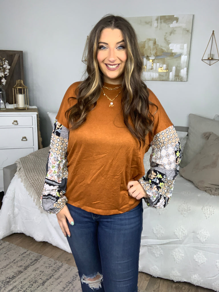 Ginger Hacci Drop Shoulder Paisley Bubble Sleeve Top-Long Sleeve Tops-Timber Brooke Boutique, Online Women's Fashion Boutique in Amarillo, Texas