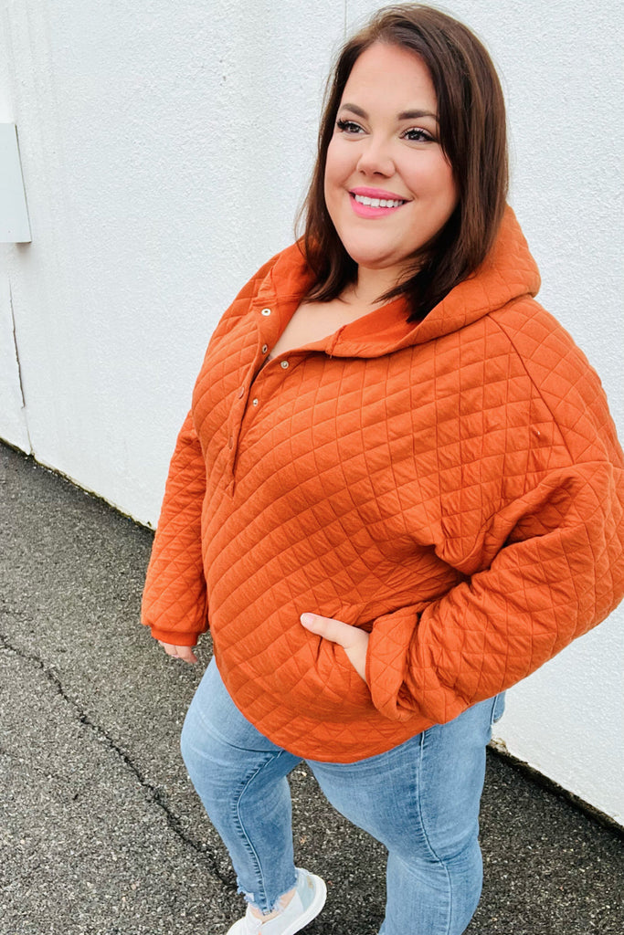 Feeling Bold Burnt Orange Quilted Quarter Snap Hoodie-Timber Brooke Boutique, Online Women's Fashion Boutique in Amarillo, Texas