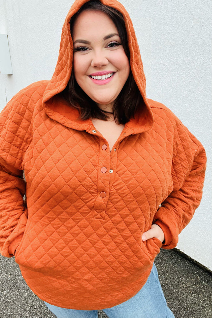Feeling Bold Burnt Orange Quilted Quarter Snap Hoodie-Timber Brooke Boutique, Online Women's Fashion Boutique in Amarillo, Texas
