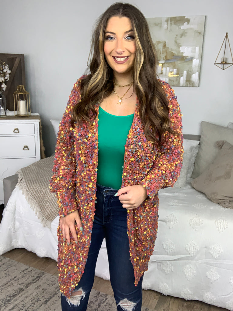 Rust Popcorn Long Sleeve Open Sweater Cardigan-Cardigans-Timber Brooke Boutique, Online Women's Fashion Boutique in Amarillo, Texas