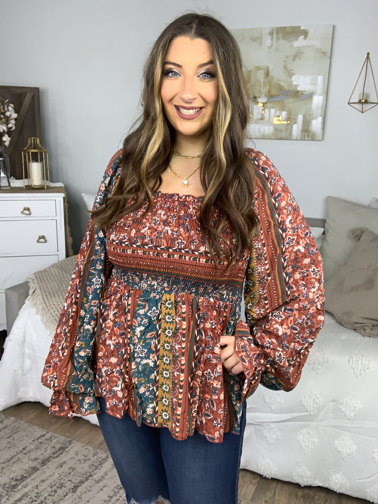 Teal & Rust Smocked Floral Ruffle Hem Top-Long Sleeve Tops-Timber Brooke Boutique, Online Women's Fashion Boutique in Amarillo, Texas
