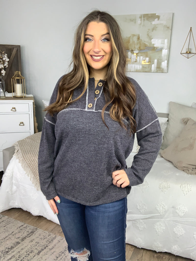 Ash Textured Out Seam Button Down Sweater Top-Sweaters-Timber Brooke Boutique, Online Women's Fashion Boutique in Amarillo, Texas