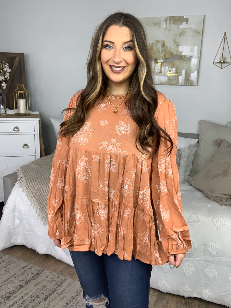 Rust Boho Crinkle Floral Button Back Tiered Top-Long Sleeve Tops-Timber Brooke Boutique, Online Women's Fashion Boutique in Amarillo, Texas