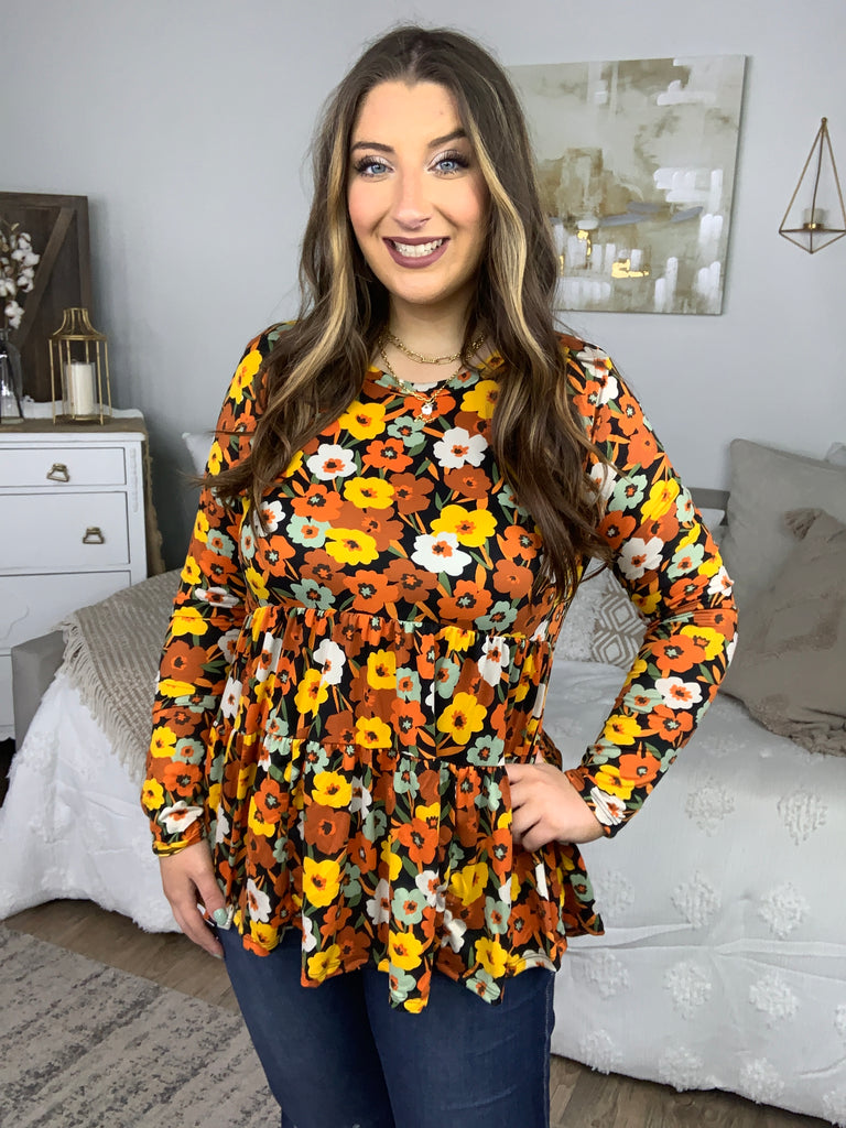 Rust Flat Floral Tiered Babydoll Top-Long Sleeve Tops-Timber Brooke Boutique, Online Women's Fashion Boutique in Amarillo, Texas