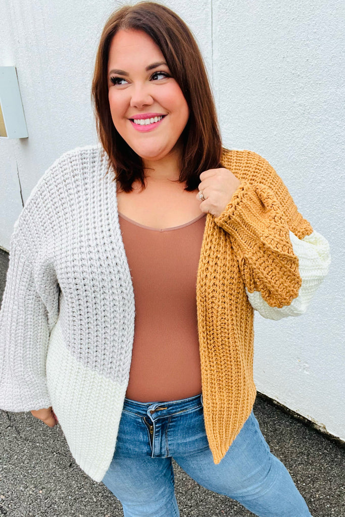 Face The Day Camel Color Block Chunky Knit Cardigan-Cardigans and Wraps-Timber Brooke Boutique, Online Women's Fashion Boutique in Amarillo, Texas