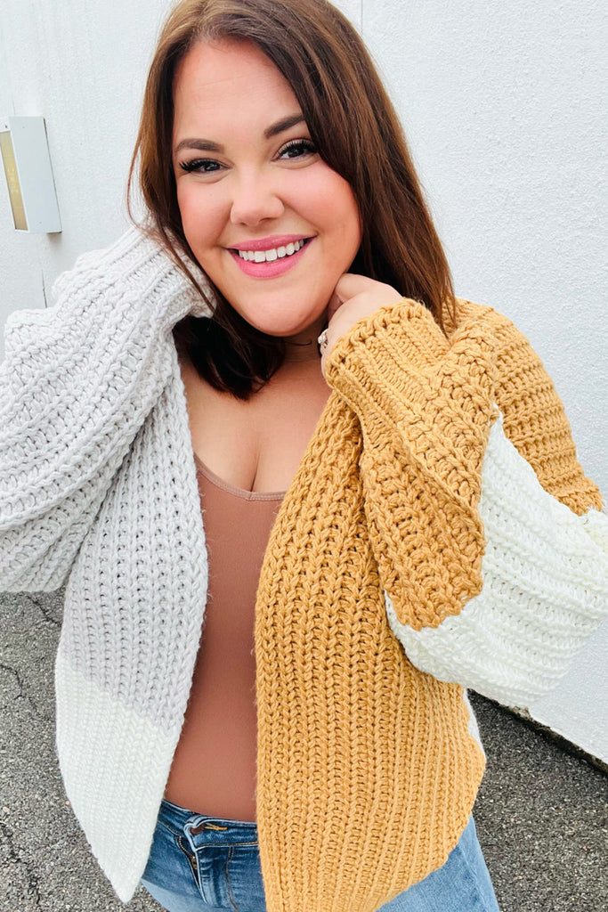 Face The Day Camel Color Block Chunky Knit Cardigan-Cardigans and Wraps-Timber Brooke Boutique, Online Women's Fashion Boutique in Amarillo, Texas