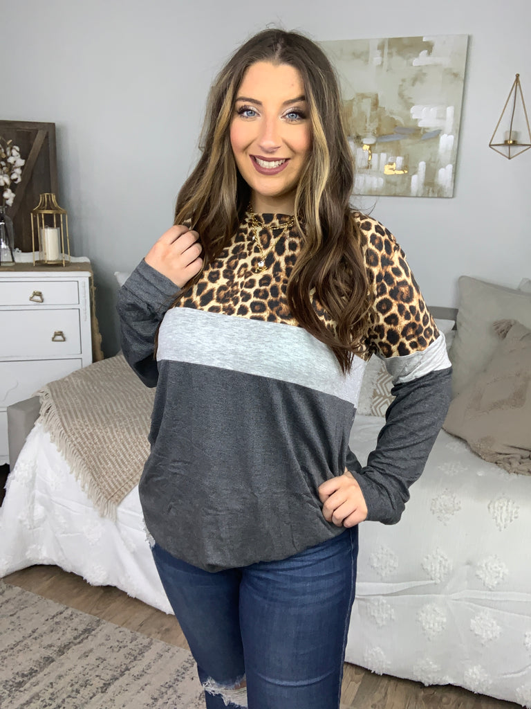 Charcoal & Heather Grey Leopard Color Block Top-Long Sleeve Tops-Timber Brooke Boutique, Online Women's Fashion Boutique in Amarillo, Texas