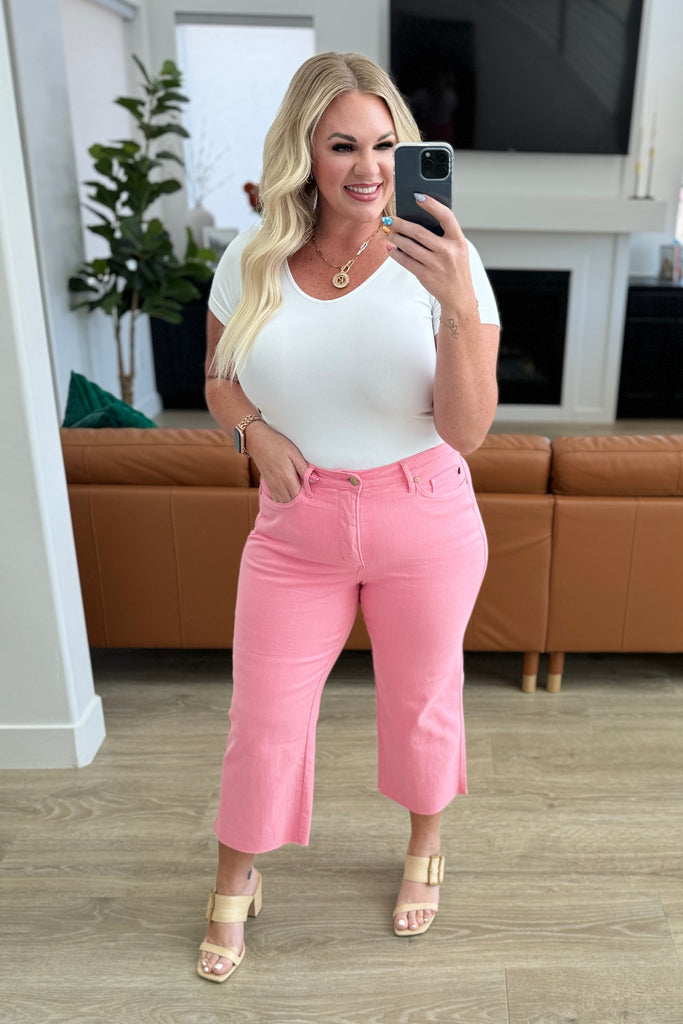Lisa High Rise Control Top Wide Leg Crop Jeans in Pink-Denim-Timber Brooke Boutique, Online Women's Fashion Boutique in Amarillo, Texas