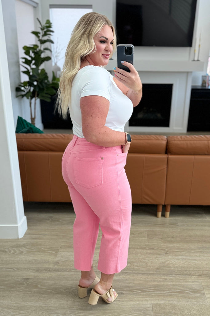 Lisa High Rise Control Top Wide Leg Crop Jeans in Pink-Denim-Timber Brooke Boutique, Online Women's Fashion Boutique in Amarillo, Texas