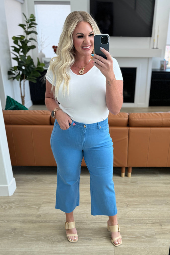 Lisa High Rise Control Top Wide Leg Crop Jeans in Sky Blue-Denim-Timber Brooke Boutique, Online Women's Fashion Boutique in Amarillo, Texas