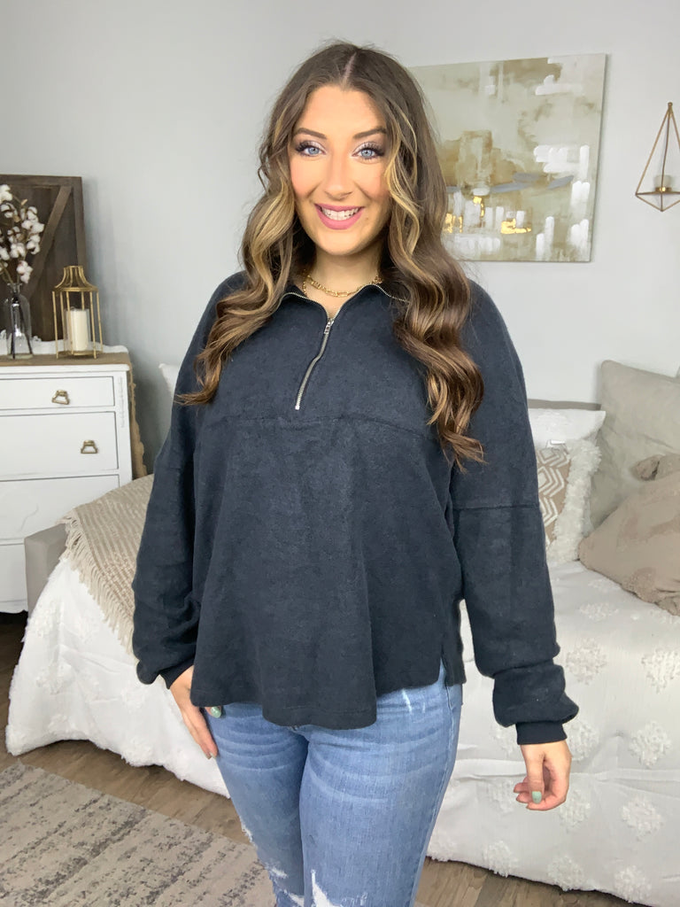 Charcoal Half Zip Hacci Pullover Sweater-Pullover-Timber Brooke Boutique, Online Women's Fashion Boutique in Amarillo, Texas