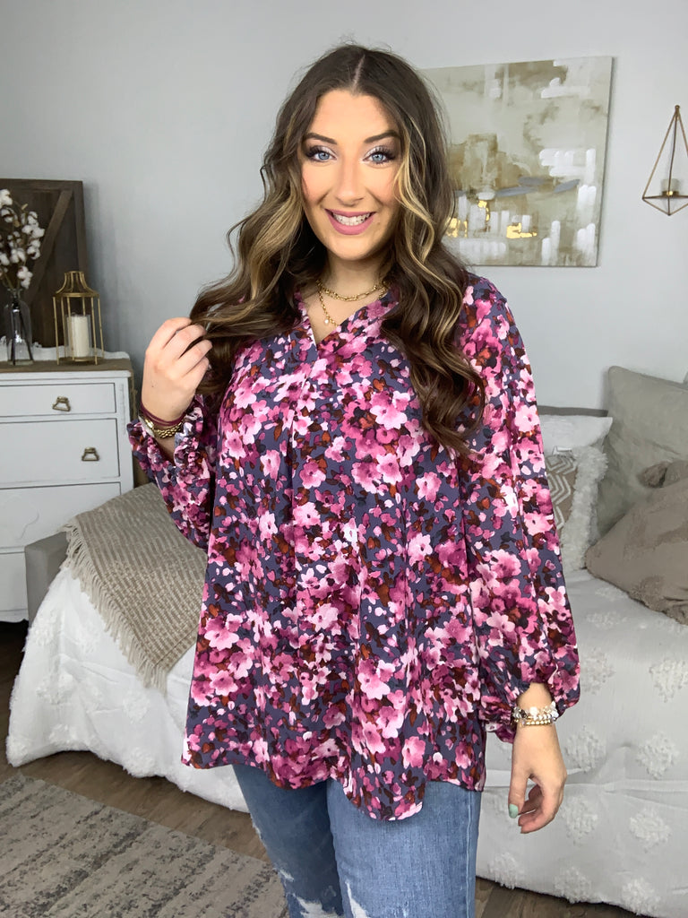 Purple Floral Print V Neck Woven Top-Short Sleeve Top-Timber Brooke Boutique, Online Women's Fashion Boutique in Amarillo, Texas