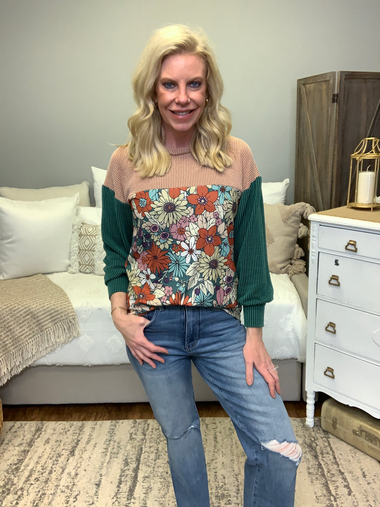 Retro and Ribbed Floral Color Block Top-Long Sleeve Tops-Timber Brooke Boutique, Online Women's Fashion Boutique in Amarillo, Texas