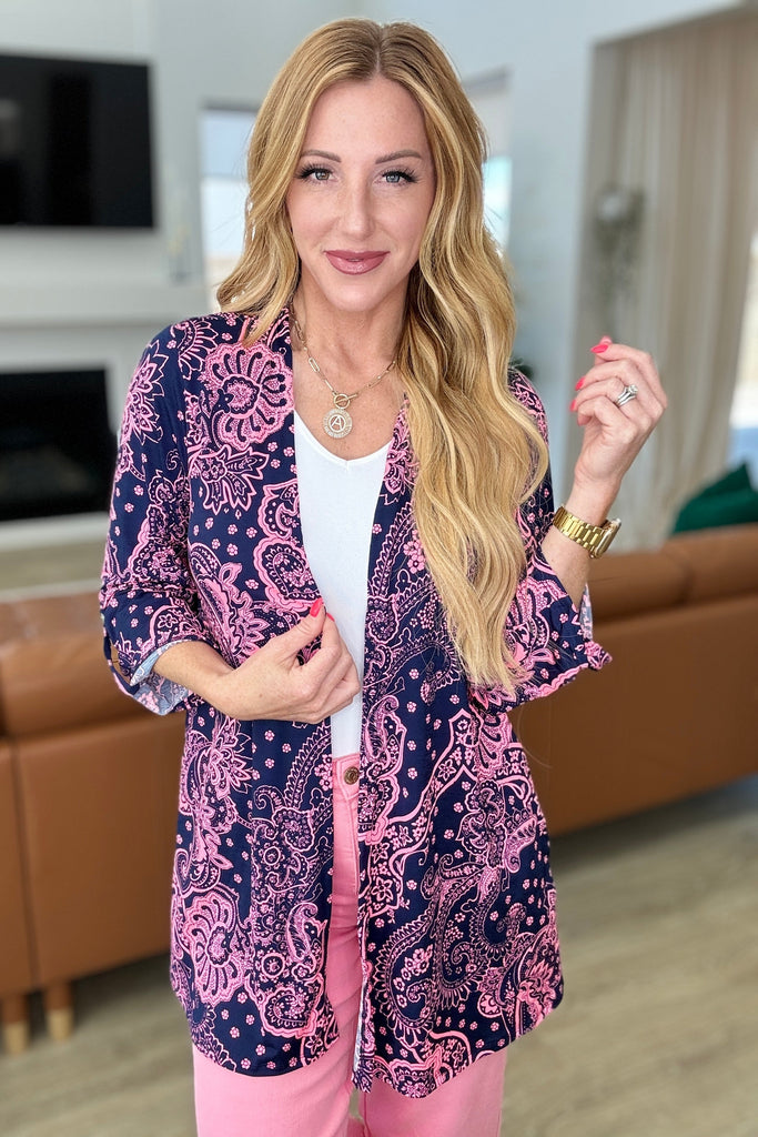 Lizzy Cardigan in Navy and Pink Paisley-Layers-Timber Brooke Boutique, Online Women's Fashion Boutique in Amarillo, Texas