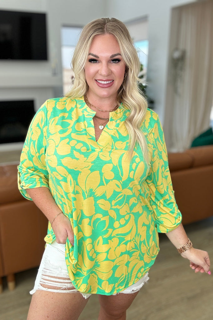 Lizzy Top in Kelly Green and Yellow Floral-Tops-Timber Brooke Boutique, Online Women's Fashion Boutique in Amarillo, Texas