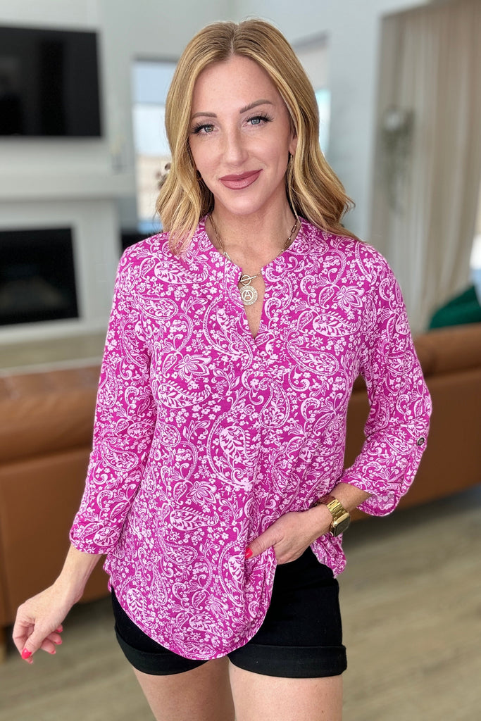 Lizzy Top in Magenta and White Paisley-Tops-Timber Brooke Boutique, Online Women's Fashion Boutique in Amarillo, Texas