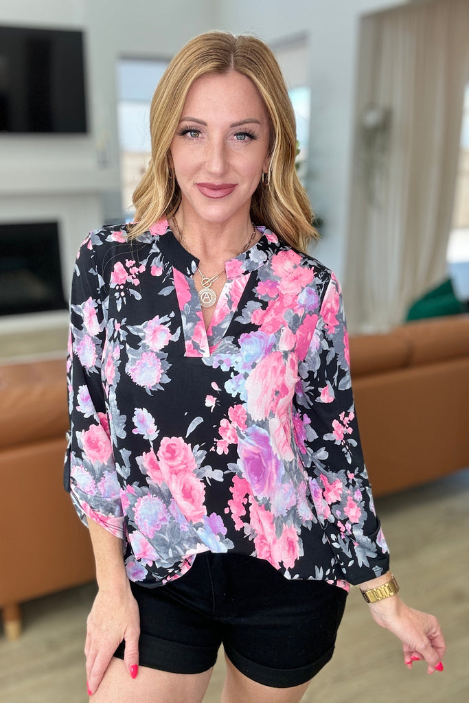 Lizzy Top in Black and Dusty Pink Floral-Tops-Timber Brooke Boutique, Online Women's Fashion Boutique in Amarillo, Texas